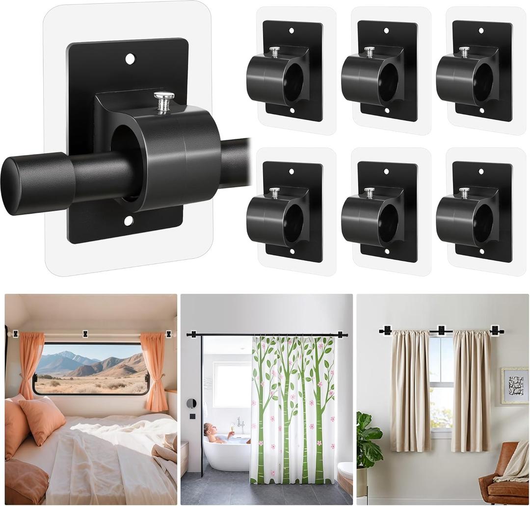 6PCS No Drill Curtain Rod Brackets,Self Adhesive Curtain Rod Holder No Drilling,Renter Friendly Drapery Rod Hook,Nail Free Adjustable Non Screw Draper Pole for Apartment Window Wall Door Ceiling Mount