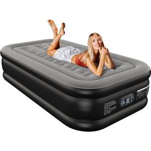 Twin Air Mattress Twin with Built in Pump 16" Double Height Inflatable Mattress with Soft Flocked Top & Carry Bag Adjustable Blow Up Mattress Portable Air Bed for Guest Indoor Travel-Black
