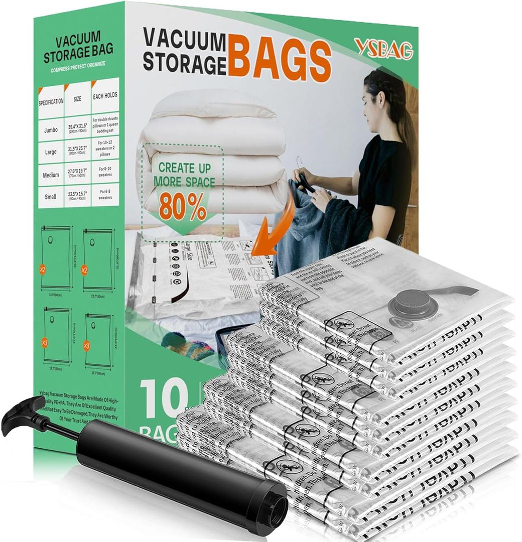 10 Pack Vacuum Storage Bags,Space Saver Bags with Hand Pump,Vacuum Sealer Bags for Store Clothing,Comforters,Blankets,and other Bedding(2Jumbo/2 Large/3 Medium/3 Small) (10 COMBO)
