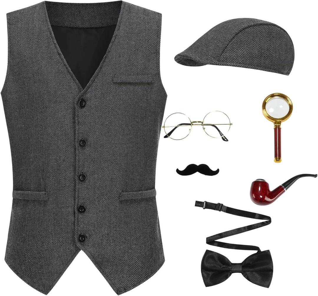Adults Detective Costume Accessories Set 7 Pcs, Private Investigator Halloween Outfit 1920s Vest Hat for Men Women (X-Large, Dark Grey)