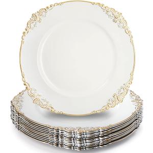 Okllen 12 Pack Plastic Round Charger Plates, 13" Dinner Charger Dessert Plates with Gold Rim, Vintage Charger Serving Plates for Catering, Wedding, Tabletop Decor, White, Floral Trim