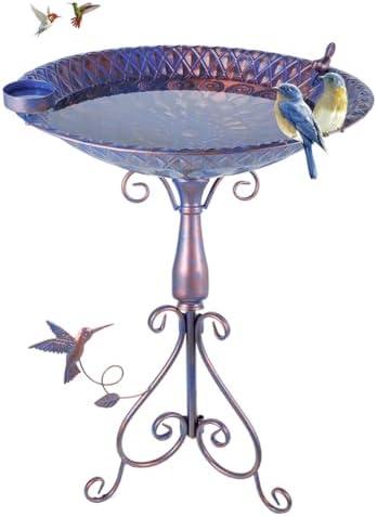 DREAMSOUL 20" Large Bird Bath with Stand, 4" Deep Bird Baths for Outdoors with Peacock Feather Pattern Metal Purple Birdbath for Lawn Patio Decor
