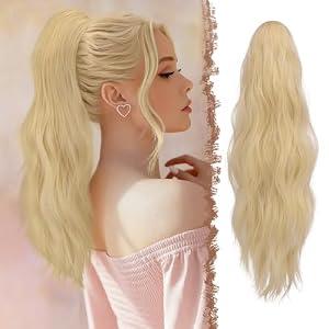 FESHFEN Ponytail Extensions, Long Claw Clip in Ponytail Hairpiece Synthetic Pony Tails Hair Piece Natural Wavy Hairpieces for Women, 20 inch Champagne Blonde