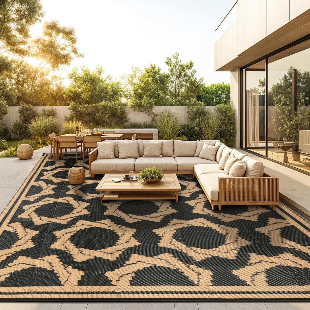 LBRO2M Waterproof Outdoor Rugs 8X10 for Patio Outdoor Plastic Straw Rug Reversible Outdoor Camping Rug for RV, Deck, Beach (8X10 Black Brown)