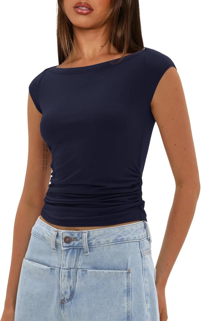 Darong Women's Summer Boat Neck Tops Cap Sleeve Slim Fitted Modal Basic Tee Trendy Casual Shirts (Medium, Dark Blue)
