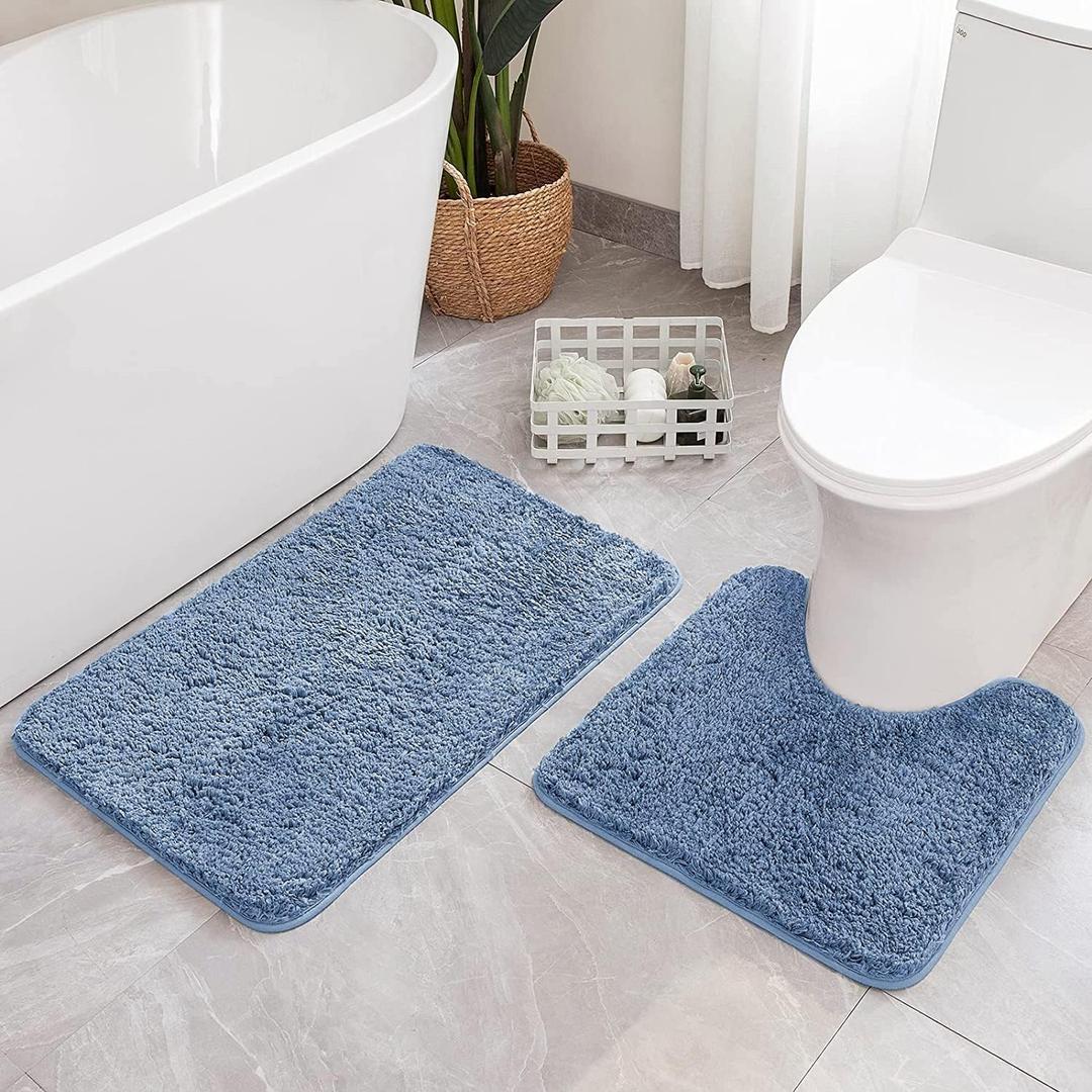 MIULEE Microfiber Bathroom Rugs and Mats Sets 2 Pieces Extra Thick Non Slip Bath Mat and U-Shaped Contour Toilet Rug for Bath Room Floor Restroom, 20"x20"+16"x24", Blue