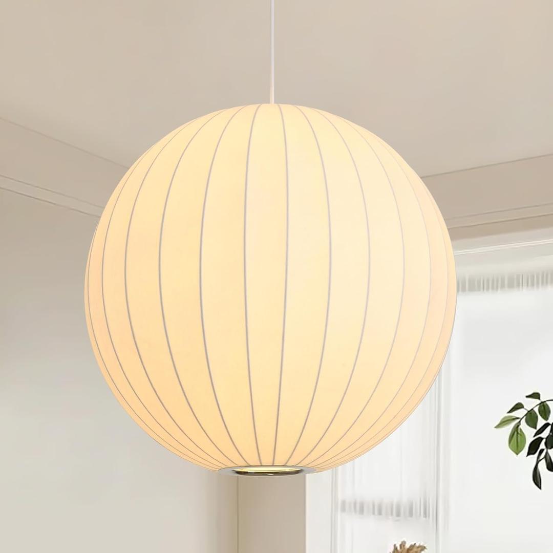 Globe Silk Pendant Light 20in, White Imitation Silk Lampshade, Globe Pendant Light Simple Chandelier for Living Dinning Room Kitchen Island Bedroom Restaurant Cafe