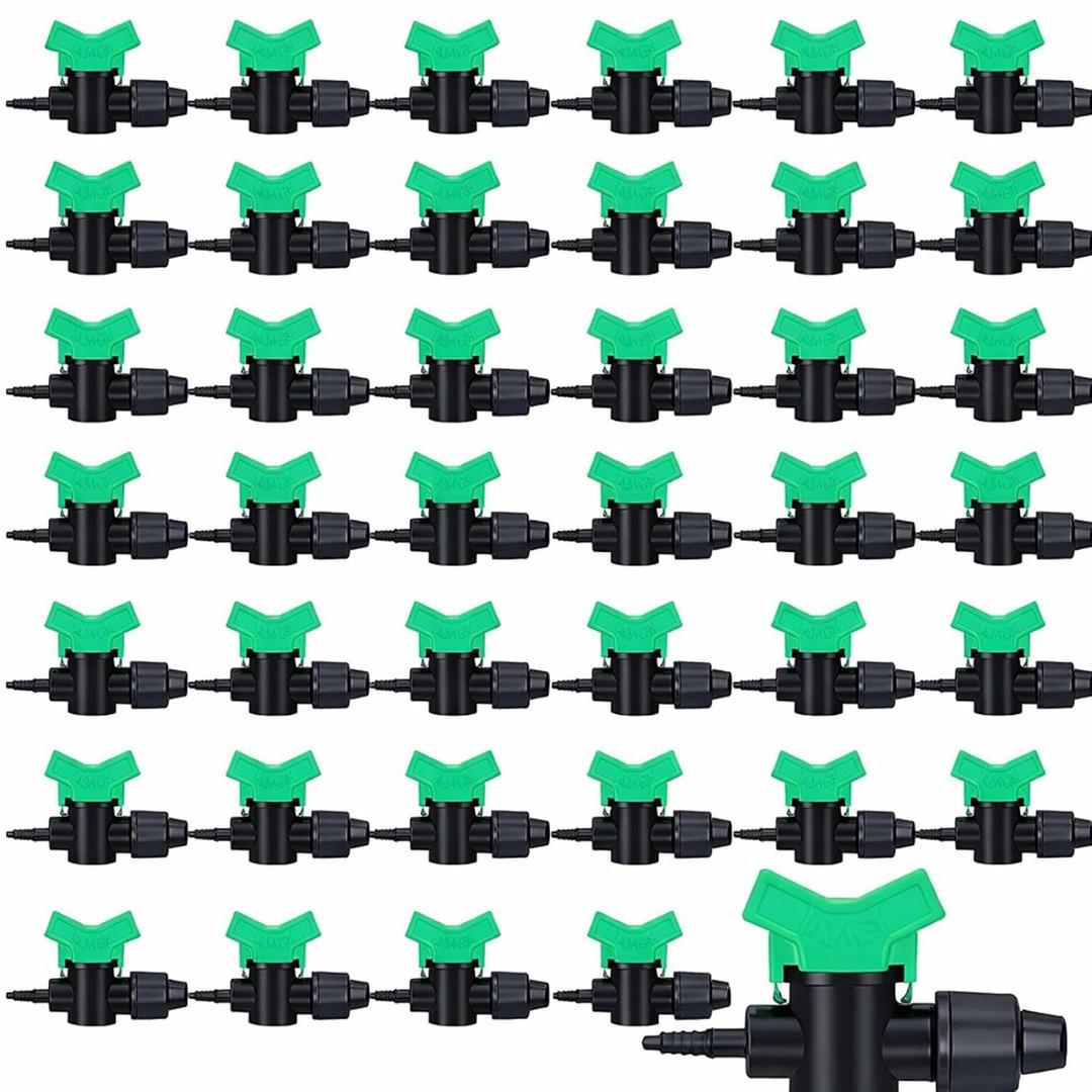 Hiboom 50 Pcs Drip Tape Irrigation Fittings 5/8"(16 mm) x 1/4" Barb Tubing Takeoff Adapter Valve Extended Barb Design for Green T Handle Adjustable Shut Off Watering Plants in Gardens Lawn