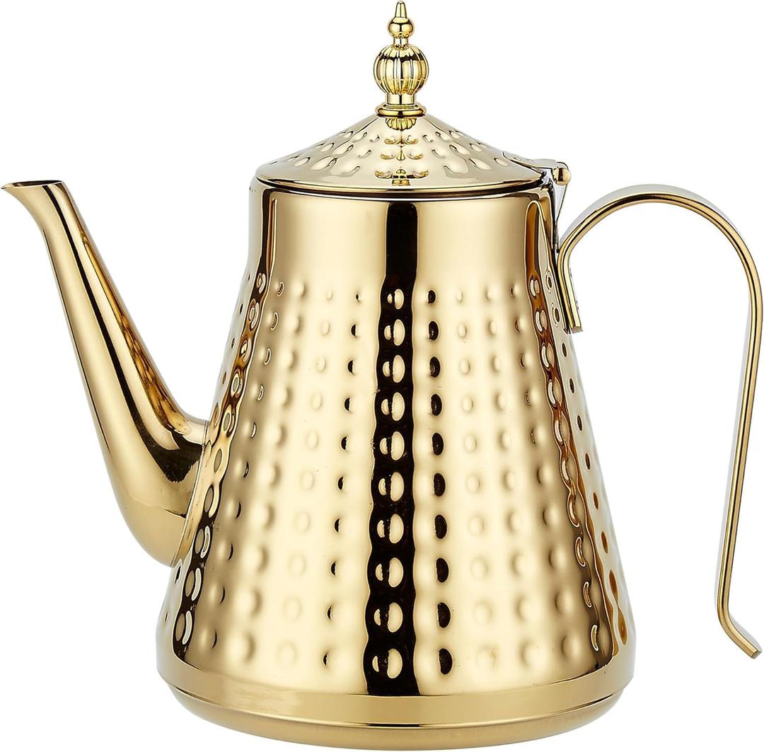 SANQIAHOME 1.6L(54oz) Stainless Steel Hammer Patterned Teapot With Removeable Infuser,Loose leaf cover,Gold