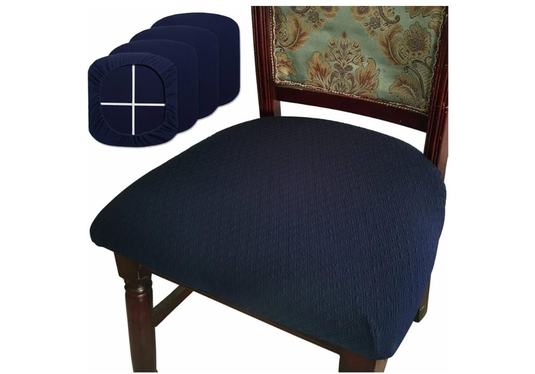 BUYUE Dining Room Chair Seat Covers Set of 4, TPU not Mixed, Friendly Jacquard Fabric Stretch Washable Slipcover for Kitchen Seat Cushions, Navy Blue-4PCS