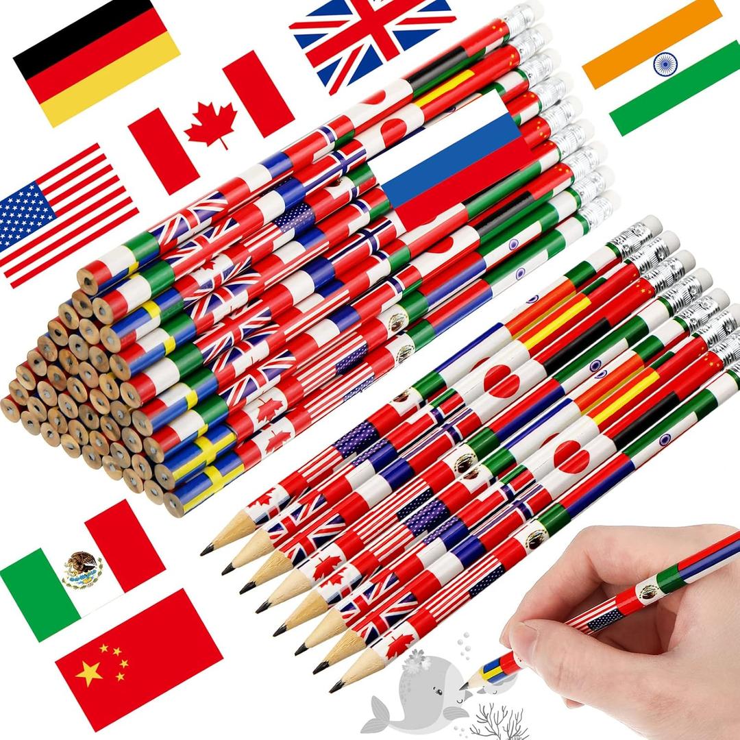 Outus 60 Pcs World Flags Pencils International Flags Pencils with Erasers 100 Day of School Pencil Multicultural Pen Country of The World Back to School Supplies for Schools First Day Labor Days