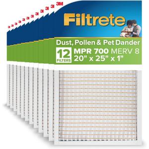 Filtrete 20x25x1 AC Furnace Air Filter, MPR 700, MERV 8, Tough on Pollen, Easy on Airflow, 3-Month Pleated 1-Inch Electrostatic Air Cleaning Filter, 12-Pack (Actual Size 19.69 x 24.69 x 0.81 in)