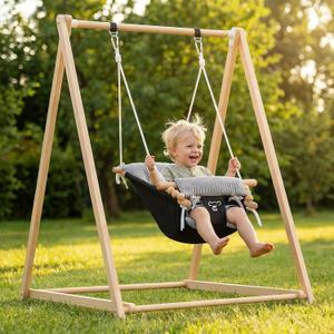 Wooden Baby Swing Set, Montessori Baby Lounger with Foldable Stand, Toddler Swing for Indoor/Outdoor, Children Swing Set for 6m to 3 Yrs