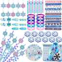 132Pcs Snowflake Party Favors Set Birthday Party Supplies Include 12 Bracelets, 10 Keychain, 10 snowflake squishies,10 wristbands,10 Hair accessories,10 straws,10 Bubble,50 Stickers and 10 Gift bags