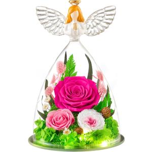 Flomoon Gifts for Women Preserved Roses for Valentines Day in Glass Angel Figurine Real Colorful Roses Forever Flowers Birthday Gifts for Her Grandma Sister Daughter Wife, Hot Pink (Large)