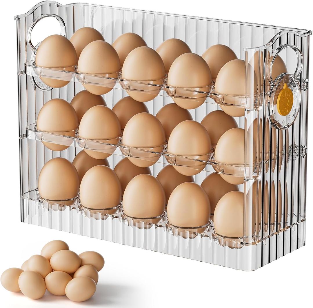 Egg Holder for Fridge, 3 Tiers Egg Organizer for Refrigerator, Eggs Holder Countertop with Timers, Space-Saving Eggs Dispenser for Refrigerator, 30 Eggs Container for Refrigerators