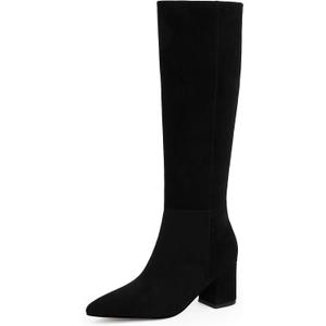 Easyfox Black Knee High Boots for Women Black Tall Boots Knee High Boots Women Pointed Toe Long Boots Chunky Heel Suede Boots for Women, Size 9