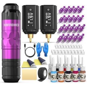 Wormhole Tattoo Gun Tattoo Kit with Wireless Tattoo Machine, 2PCS 1,200mAh Capacity Tattoo Batteries, 20 Cartridge Needles with Finger Ledge, Ink Color Set for Artists-Purple