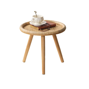 Rattan Round Coffee Table, Boho Circle Side Table End Table for Living Room, Small Mid Century Accent Table for Bedroom Balcony
