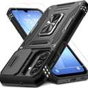 DEERLAMN Case for Samsung Galaxy A17 5G with Slide Camera Cover+Screen Protector (1 Pack), Rotated Ring Kickstand Military Grade Shockproof Protective Cover-Black