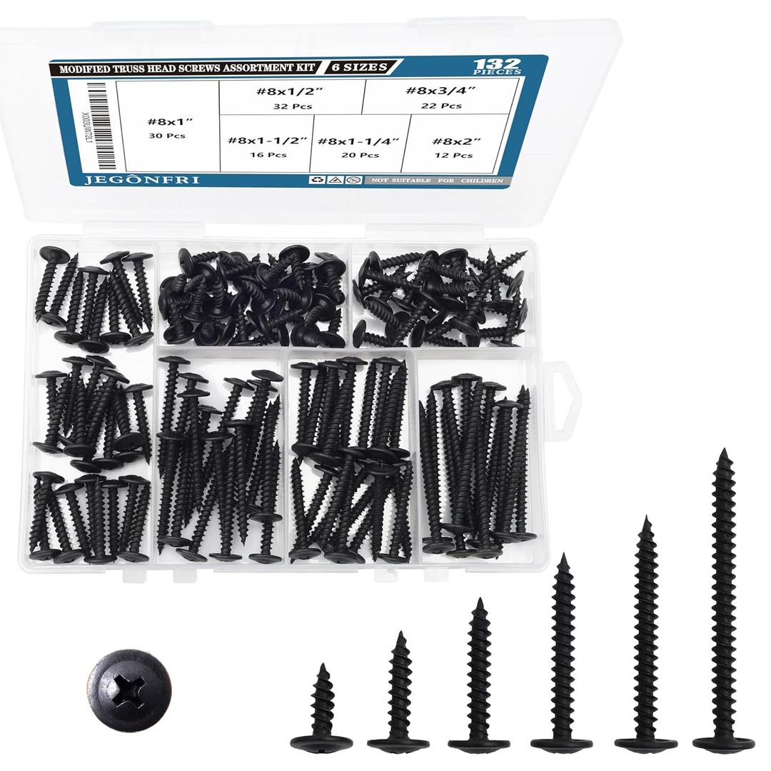JEGONFRI #8 Modified Truss Head Black Wood Screws Assortment Kit, 132 pcs, Phillips Drive, Wood Screws, Screws, Screws Assortment, Screws Set, 6 Sizes (1/2, 3/4, 1, 1-1/4, 1-1/2, 2) (Black)