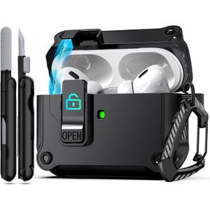 RFUNGUANGO for AirPods Pro 2nd/1st Generation Case Cover with Secure Lock Clip,Automatic Pop-up Case Full-Body Shockproof Hard Protective Cover for AirPods Pro 2 (2023/2022/2019) - Black