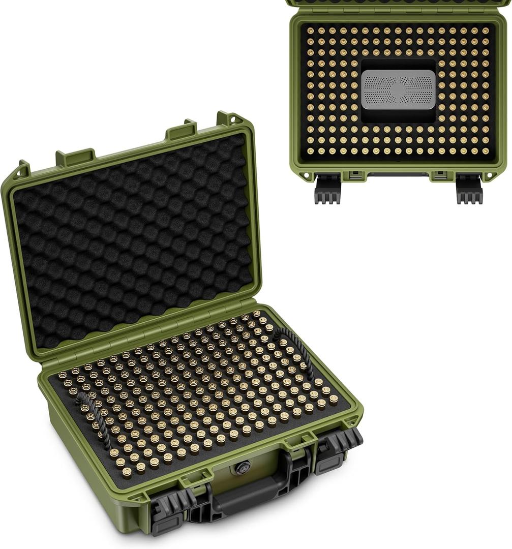 350 Round Ammo Locking Storage Case - Travel Safe/Mil Spec/Waterproof Ammo Box - for 9x19mm Parabellum/9mm Luger, 380ACP, 38 S&W, 356 TS&W,7.63mm Mannlicher,8mm Steyr.. (Green)
