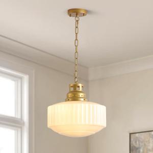 Milk Glass Pendant Light Fixture,14" White Pleated Drum Glass Chandelier,Contemporary Pendant Lights Kitchen Island,Adjustable Height Modern Light Fixture for Bedroom Living Room Hallway, 14.17 inches