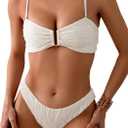 Fanuerg Women's Ribbed Bikini Sets U Wire Adjustable Spaghetti Straps Swimsuit Textured Ruched Two Piece Bathing Suit (Small, White)