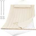 SUNCREAT 2 Person Hammock with Hardwood Spreader Bar, Outdoor Rope Hammock with Polyester Pad, 475 lbs Capacity, Beige