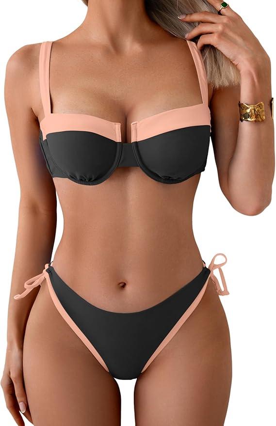 Eomenie Bikini Set for Women Underwire Push Up Two Piece Bathing Suit Color Block Swimsuit Swimwear (Small)