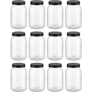 novelinks 32 oz Mason Jars with Plastic Lids, 12 Pack Large Plastic Salad Jars with Lids 32oz, Reusable Spice Containers & Kitchen Jars for Pantry Organization (12 Pack, Black)