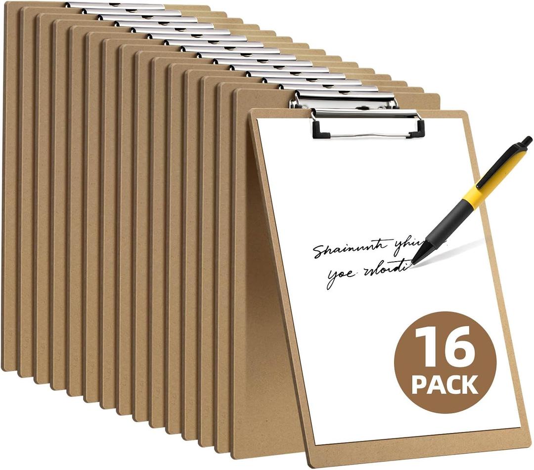 HappyHapi 16 Pack Clipboard 8.5 x 11 Letter Size Clip Boards Bulk, A4 Wooden Hardboard Office Clipboards Pack for Classroom, Work-Meetings, Brown