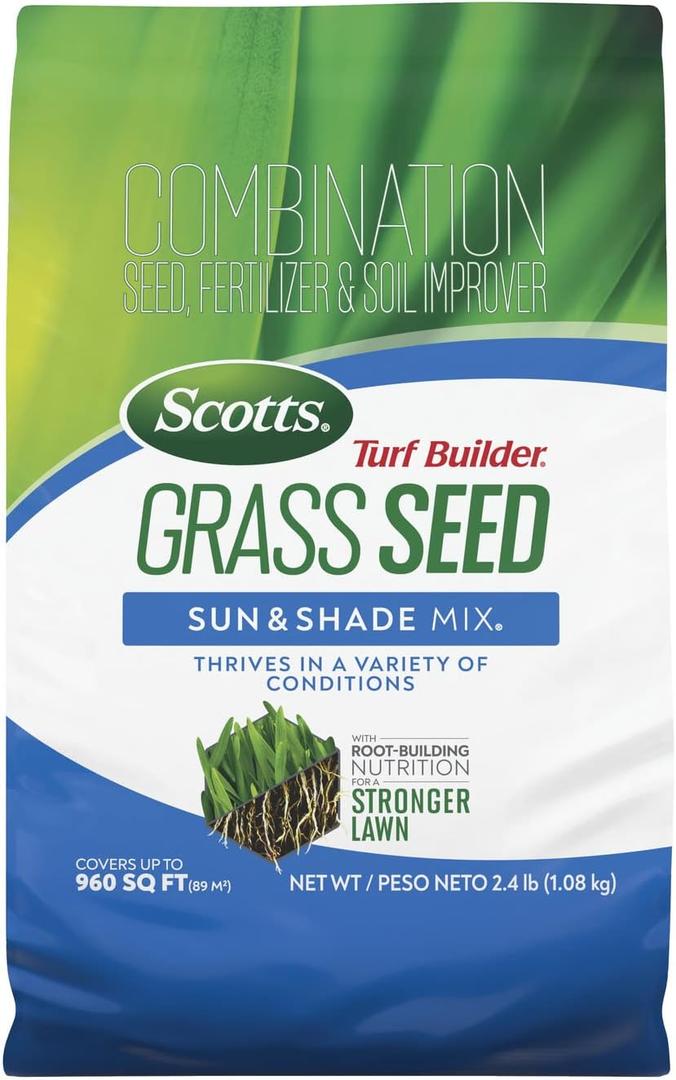 Scotts Turf Builder Grass Seed Sun and Shade Mix - Grass Seed Plus Lawn Fertilizer and Soil Improver, Covers Up to 960 sq. ft., 2.4 lb. (BBD 01/21/27)