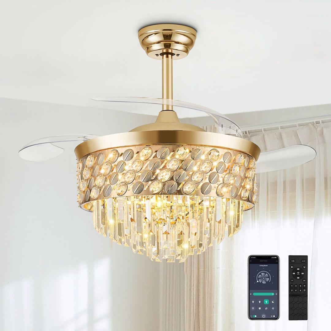 Fandelier Ceiling Fan with Light, 42" Retractable Ceiling Fan with Lights Crystal Chandelier Fan, LED Dimmable Ceiling Fan Chandeliers for Bedroom Living Room, DC Motor, 6 Wind Speed - Gold