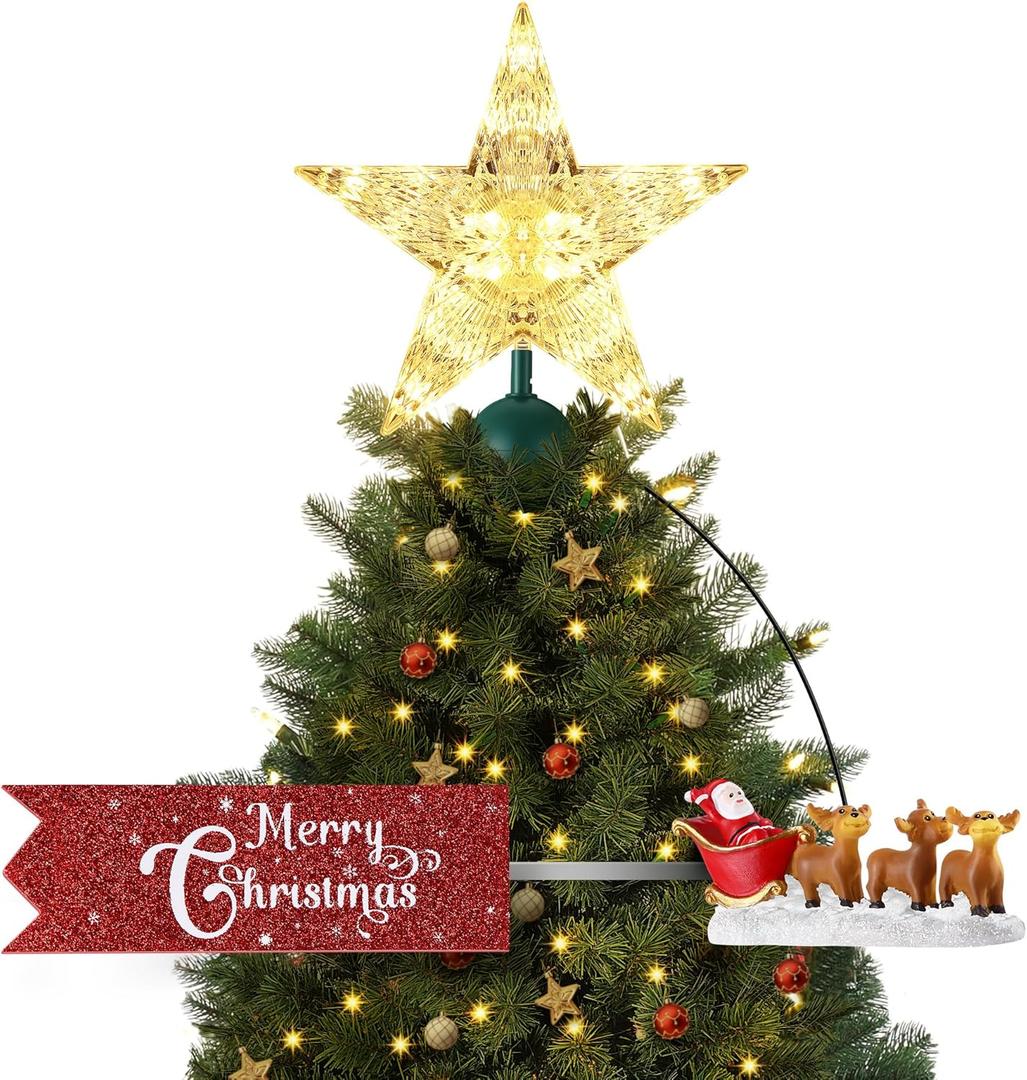 Santa Express Rotating Christmas Tree Topper Animated Santa's Christmas Reindeer's with Banner, LED Lighted 3D Pentagram Tree Topper for Xmas Decorations