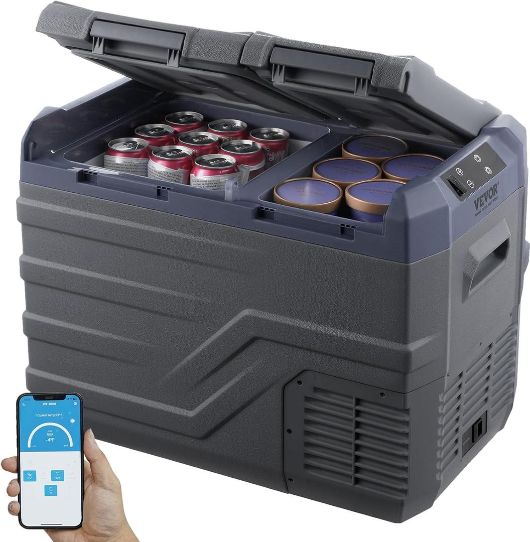 VEVOR NLS45, 12 Volt Car Refrigerator Fridge, 32 L Dual Zone Portable Freezer, -4-68 Adjustable Range, 12/24V DC and 100-240V AC Compressor Cooler for Outdoor, Camping, RV, Bule and grey