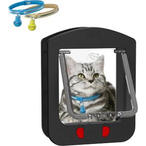 Cat Door for Interior Door and Exterior Door, Pet Door with Collar Sensor and 2pcs of Cat Magnetic Collars, 4 Way Locking Cat Door with Magnetic Flap, Black
