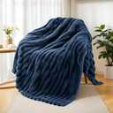 Exclusivo Mezcla Fleece Throw Blanket for Couch, Super Soft Striped Jacquard Bed Blanket, Lightweight Fuzzy Cozy for All Seasons, 50x60 Inches, Navy Blue