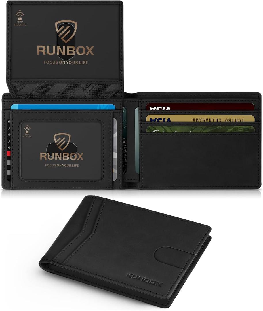 RUNBOX Wallet for Men Slim Rfid Leather 2 ID Window With Gift Box (Bicolor Crazy Horse Black)