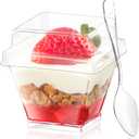 Qeirudu 2 oz Mini Dessert Cups with Lids and Spoons -100 Pack Plastic Shooter Cups for Desserts Small Square Serving Cups for Party Individual Pudding Parfait Jello Ice Cream
