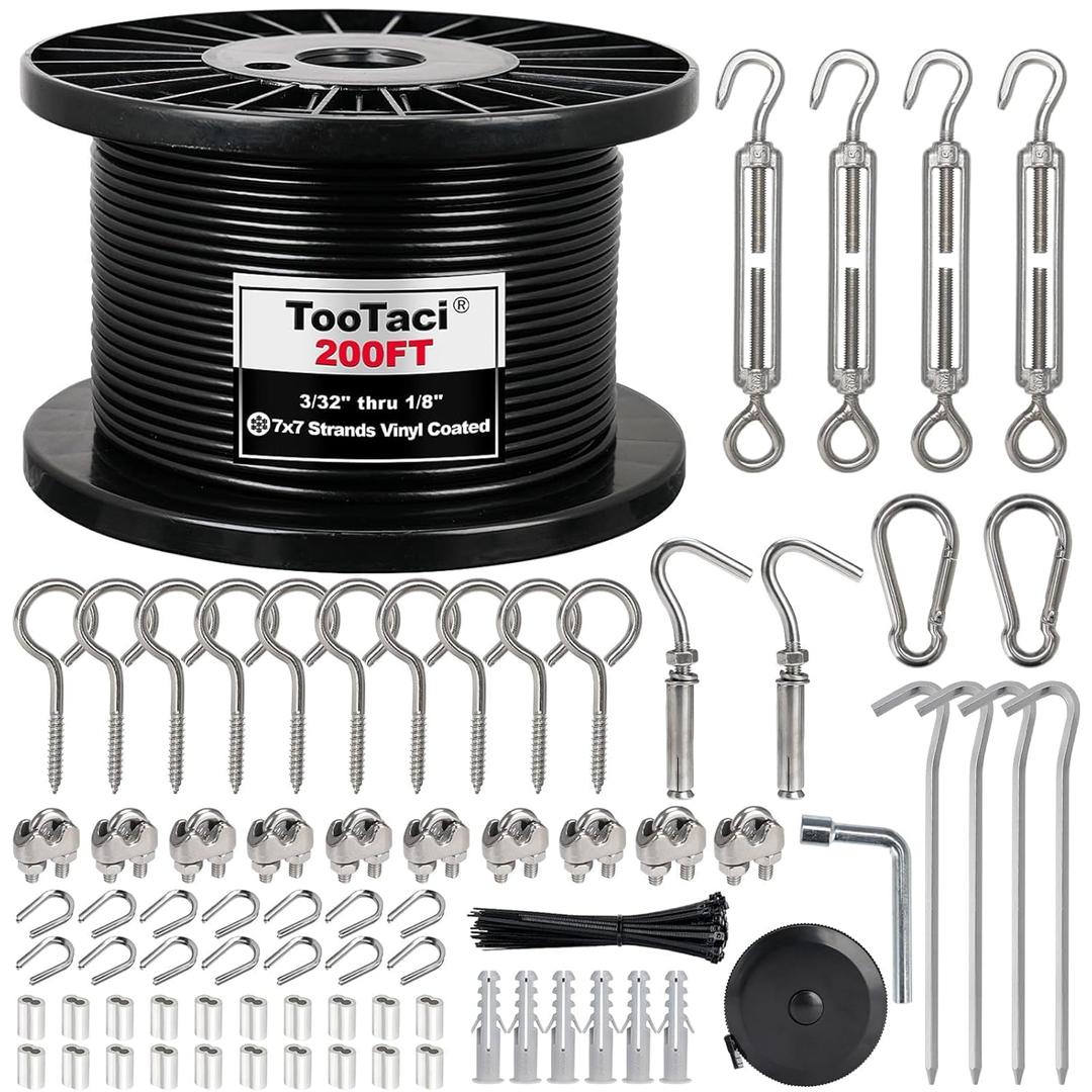 TooTaci 1/8" Wire Rope Kit, 200FT Black Vinyl Coated Stainless Steel Cable with M5 Turnbuckles for Cables Wire for String Light Hanging, Clothesline, Garden Trellis, Curtain