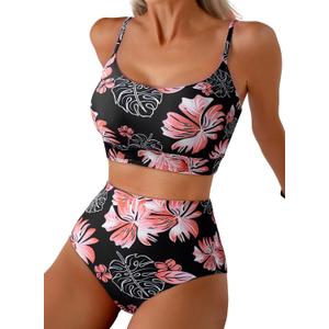 Herseas 2 Piece High Waisted Bikini Set for Women 2026 Spaghetti Straps Swim Top with Reversible Bottom Bathing Suit (Black, M)
