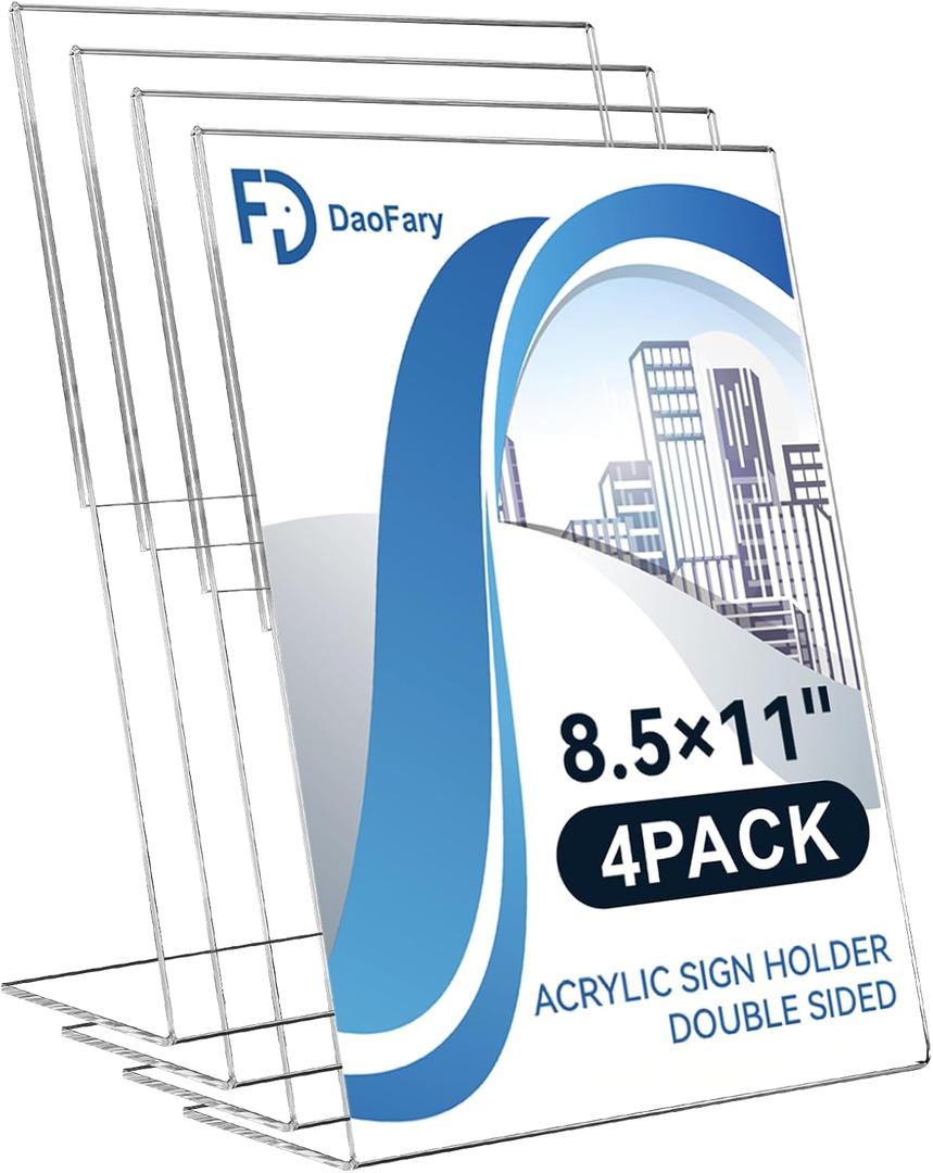 Daofary Acrylic Sign Holder 8.5x11, L Shape Slanted Back Clear Sign Holder Plastic Paper Holder Slant Back Sign Holders inches Sign Holder Plastic Display Stand for Office, Store, 4 Pack