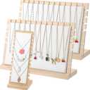 3 Pcs Necklace Display Stands for Selling, Bamboo Necklace Holder with PU Leather Panel Beige Multi-Tiered Jewelry Display Storage Set for Vendors and Home (11.8x7.9x3.3 Inch/10.6x3.9x3.7 Inch)