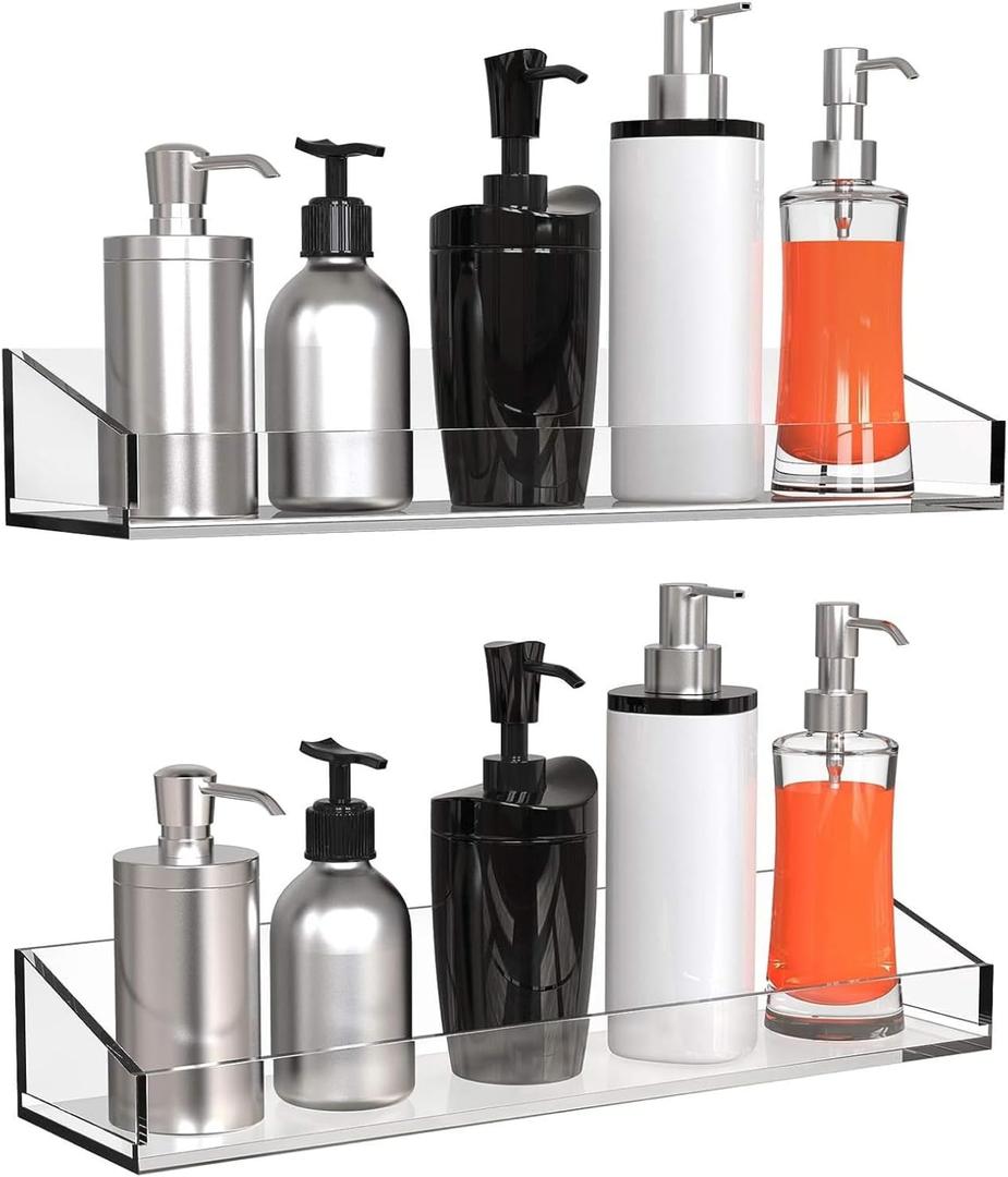 Vdomus Acrylic Bathroom Shelves, Set of 2 - 4"Dx15"Wx2.25"H Thick Wall Mounted Floating Shelves - Clear Storage and Display Shelving for Bathroom or Kitchen - No Drill Transparent Shower Organizer