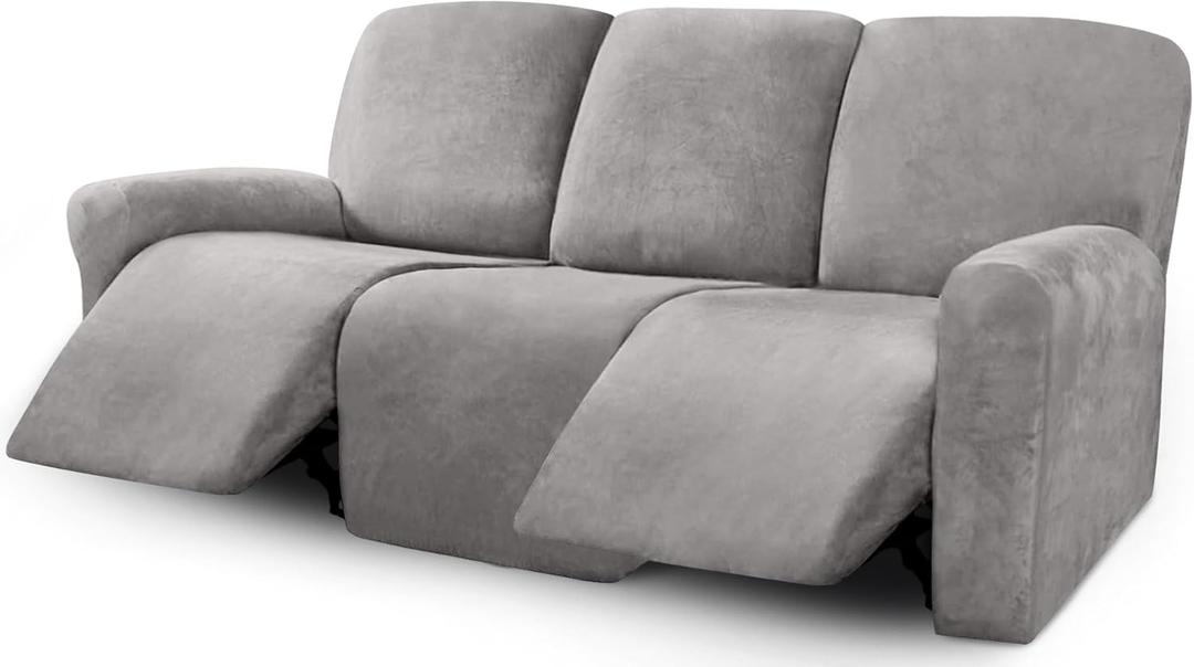 ULTICOR Velvet 8-Pieces Recliner Sofa Covers Stretch Reclining Couch Covers for 3 Cushion Reclining Sofa Slipcovers Furniture Covers Thick Soft Washable (3 Seater Recliner Cover, Light Grey)