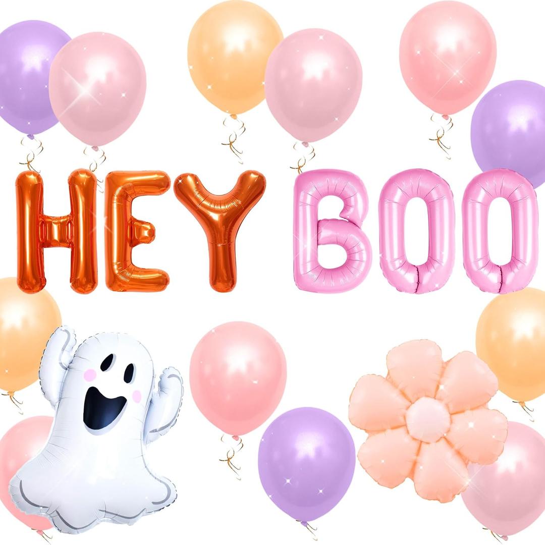 JeVenis Groovy Halloween Hey Boo Baby Shower Party Ghost Mylar Balloons for Groovy Boho Rainbow Retro Hippie Little Boo Daisy Party Decoration (Orange3)