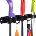 Huryfox Heavy-Duty Stainless Steel Broom Holder, Black, Wall Mount, 1-4 cm Diameter Compatible, Adjustable, 3 Racks, 2 Hooks, Space-Saving