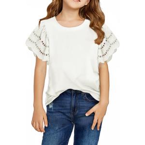 DOKOTOO KIDS Girls Summer Shirts Crewneck Ruffled Short Sleeve Blouse Tops Size 6-15 Years (White, XL)